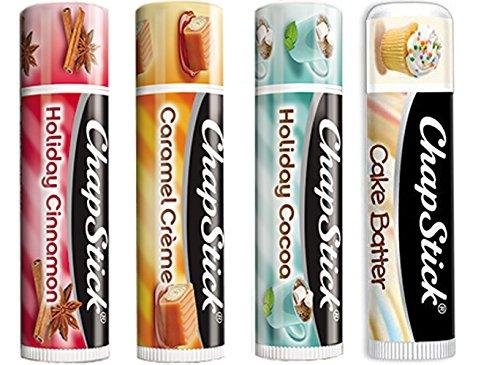 Chapstick Limited Edition Holiday 2017 Set of 4 - Caramel Crme, Holiday Cinnamon & Holiday Cocoa + Bonus Fan Favorite Chapstick in Cake Batter - Glumech